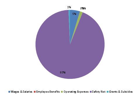 Pie Chart: Wages & Salaries=5%, Employee Benefits=0%, Operating Expenses=1%, Safety Net=93%, Grants & Subsidies=1%