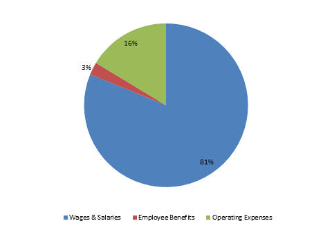 Pie Chart: Wages & Salaries=82%, Employee Benefits=2%, Operating Expenses=16%