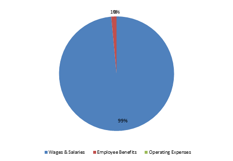 Pie Chart: Wages & Salaries=99%, Employee Benefits=1%, Operating Expenses=0%