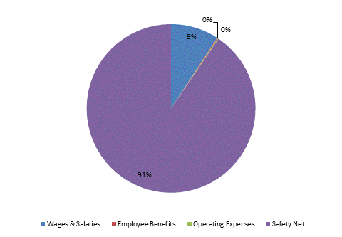 Pie Chart: Wages & Salaries=9%, Employee Benefits=0%, Operating Expenses=0%, Safety Net=91%