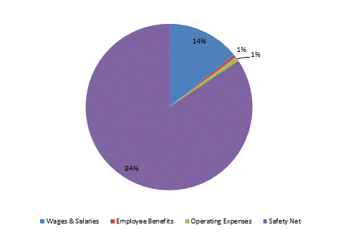 Pie Chart: Wages & Salaries=14%, Employee Benefits=1%, Operating Expenses=1%, Safety Net=84%