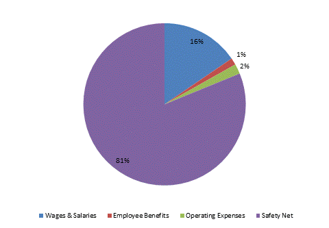 Pie Chart: Wages & Salaries=15%, Employee Benefits=1%, Operating Expenses=2%, Safety Net=82%