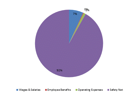 Pie Chart: Wages & Salaries=7%, Employee Benefits=0%, Operating Expenses=1%, Safety Net=92%