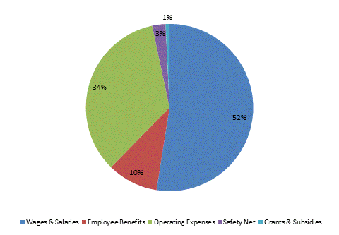 Pie Chart: Wages & Salaries=52%, Employee Benefits=10%, Operating Expenses=34%, Safety Net=3%, Grants & Subsidies=1%