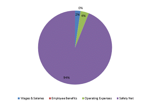 Pie Chart: Wages & Salaries=2%, Employee Benefits=0%, Operating Expenses=4%, Safety Net=94%