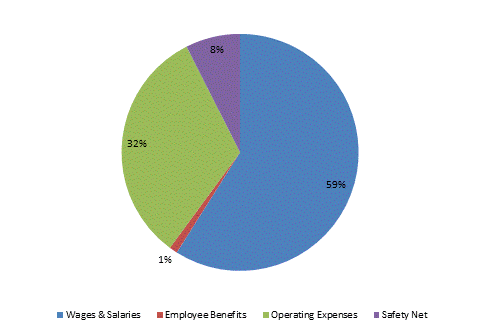 Pie Chart: Wages & Salaries=60%, Employee Benefits=1%, Operating Expenses=32%, Safety Net=7%