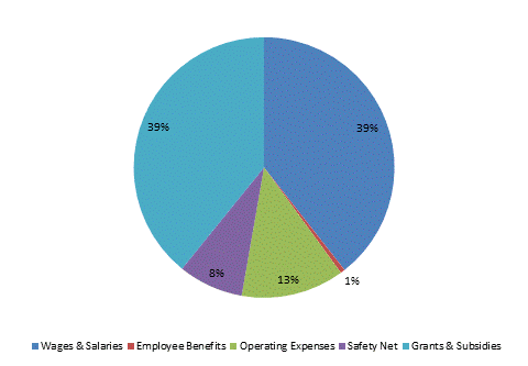 Pie Chart: Wages & Salaries=39%, Employee Benefits=1%, Operating Expenses=13%, Safety Net=8%, Grants & Subsidies=39%