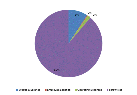 Pie Chart: Wages & Salaries=9%, Employee Benefits=0%, Operating Expenses=2%, Safety Net=89%