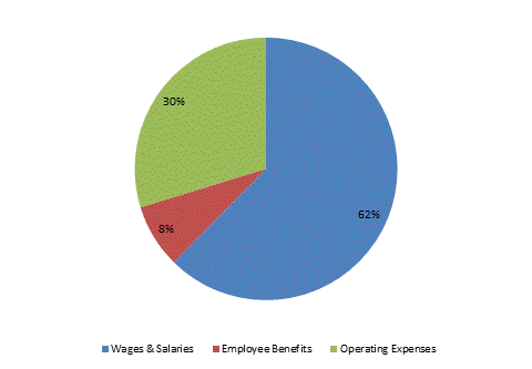 Pie Chart: Wages & Salaries=62%, Employee Benefits=8%, Operating Expenses=30%