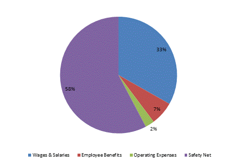 Pie Chart: Wages & Salaries=33%, Employee Benefits=7%, Operating Expenses=3%, Safety Net=57%