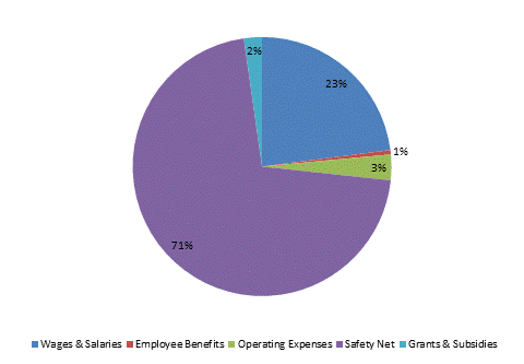 Pie Chart: Wages & Salaries=23%, Employee Benefits=1%, Operating Expenses=3%, Safety Net=71%, Grants & Subsidies=2%