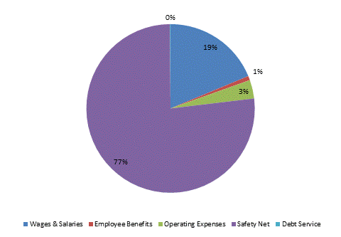 Pie Chart: Wages & Salaries=19%, Employee Benefits=1%, Operating Expenses=4%, Safety Net=76%, Debt Service=0%