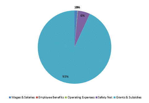 Pie Chart: Wages & Salaries=1%, Employee Benefits=0%, Operating Expenses=0%, Safety Net=5%, Grants & Subsidies=94%