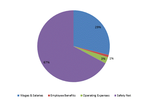 Pie Chart: Wages & Salaries=29%, Employee Benefits=1%, Operating Expenses=3%, Safety Net=67%