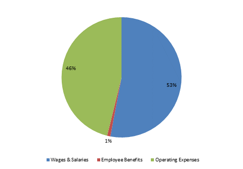 Pie Chart: Wages & Salaries=53%, Employee Benefits=1%, Operating Expenses=46%