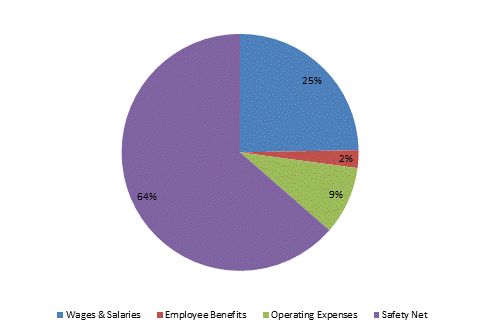 Pie Chart: Wages & Salaries=25%, Employee Benefits=2%, Operating Expenses=9%, Safety Net=64%