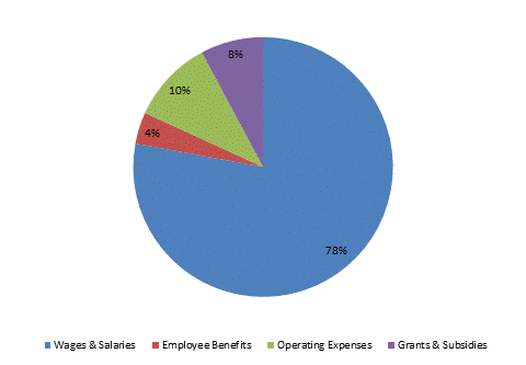 Pie Chart: Wages & Salaries=78%, Employee Benefits=4%, Operating Expenses=10%, Grants & Subsidies=8%