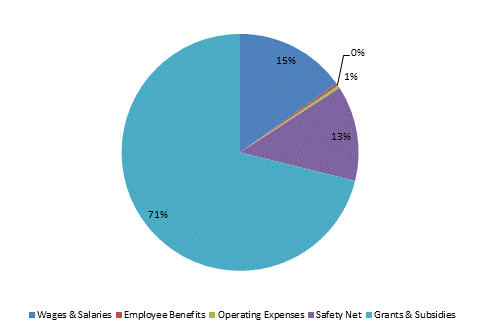 Pie Chart: Wages & Salaries=15%, Employee Benefits=0%, Operating Expenses=0%, Safety Net=13%, Grants & Subsidies=72%