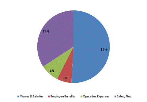 Pie Chart: Wages & Salaries=51%, Employee Benefits=7%, Operating Expenses=8%, Safety Net=34%