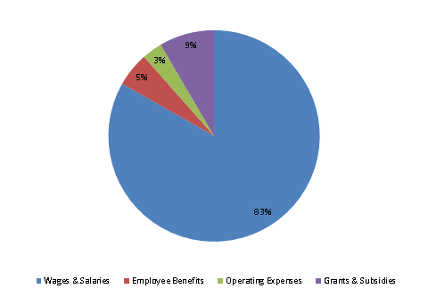 Pie Chart: Wages & Salaries=84%, Employee Benefits=5%, Operating Expenses=3%, Grants & Subsidies=8%