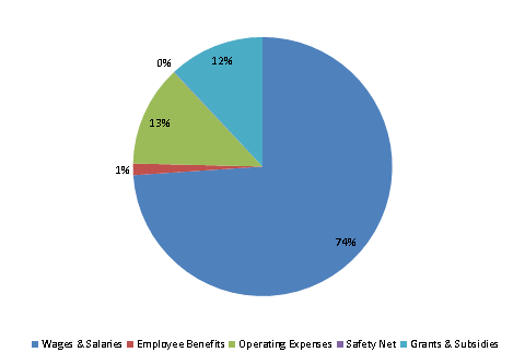 Pie Chart: Wages & Salaries=74%, Employee Benefits=1%, Operating Expenses=13%, Safety Net=0%, Grants & Subsidies=12%