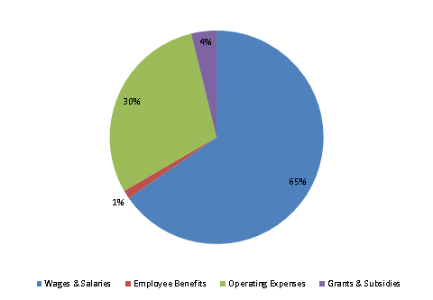 Pie Chart: Wages & Salaries=65%, Employee Benefits=1%, Operating Expenses=30%, Grants & Subsidies=4%