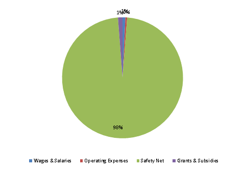 Pie Chart: Wages & Salaries=1%, Operating Expenses=0%, Safety Net=98%, Grants & Subsidies=1%