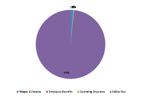 Pie Chart: Wages & Salaries=1%, Employee Benefits=0%, Operating Expenses=0%, Safety Net=99%