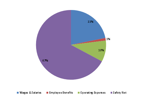 Pie Chart: Wages & Salaries=22%, Employee Benefits=1%, Operating Expenses=10%, Safety Net=67%