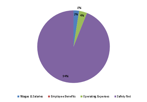 Pie Chart: Wages & Salaries=2%, Employee Benefits=0%, Operating Expenses=4%, Safety Net=94%