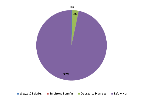 Pie Chart: Wages & Salaries=0%, Employee Benefits=0%, Operating Expenses=3%, Safety Net=97%