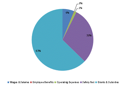 Pie Chart: Wages & Salaries=6%, Employee Benefits=0%, Operating Expenses=1%, Safety Net=30%, Grants & Subsidies=63%