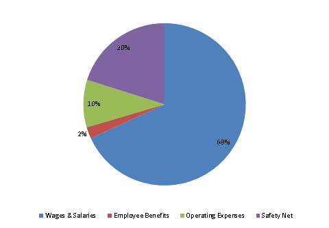 Pie Chart: Wages & Salaries=69%, Employee Benefits=2%, Operating Expenses=9%, Safety Net=20%