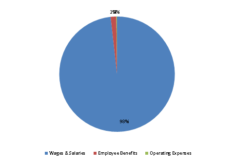 Pie Chart: Wages & Salaries=98%, Employee Benefits=2%, Operating Expenses=0%