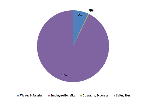 Pie Chart: Wages & Salaries=7%, Employee Benefits=0%, Operating Expenses=0%, Safety Net=93%