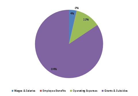 Pie Chart: Wages & Salaries=4%, Employee Benefits=0%, Operating Expenses=12%, Grants & Subsidies=84%