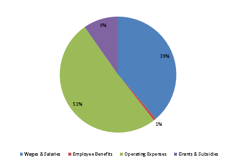 Pie Chart: Wages & Salaries=39%, Employee Benefits=1%, Operating Expenses=50%, Grants & Subsidies=10%