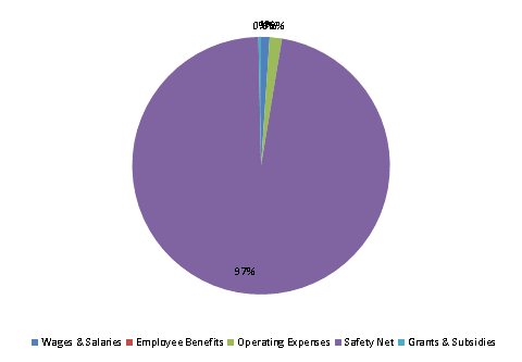 Pie Chart: Wages & Salaries=1%, Employee Benefits=0%, Operating Expenses=2%, Safety Net=97%, Grants & Subsidies=0%