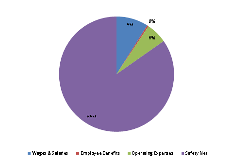 Pie Chart: Wages & Salaries=9%, Employee Benefits=0%, Operating Expenses=6%, Safety Net=85%