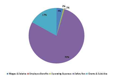 Pie Chart: Wages & Salaries=4%, Employee Benefits=0%, Operating Expenses=1%, Safety Net=78%, Grants & Subsidies=17%