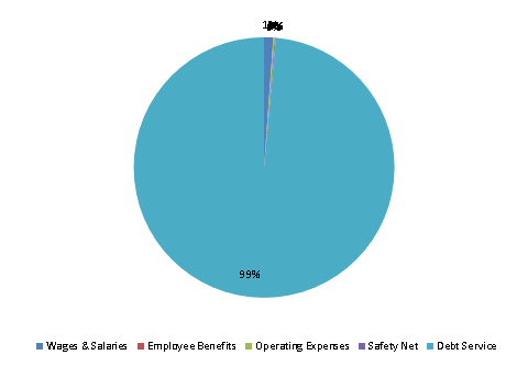 Pie Chart: Wages & Salaries=1%, Employee Benefits=0%, Operating Expenses=0%, Safety Net=0%, Debt Service=99%