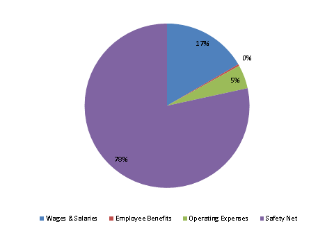 Pie Chart: Wages & Salaries=17%, Employee Benefits=0%, Operating Expenses=5%, Safety Net=78%