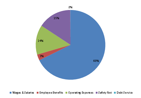 Pie Chart: Wages & Salaries=67%, Employee Benefits=3%, Operating Expenses=14%, Safety Net=16%, Debt Service=0%