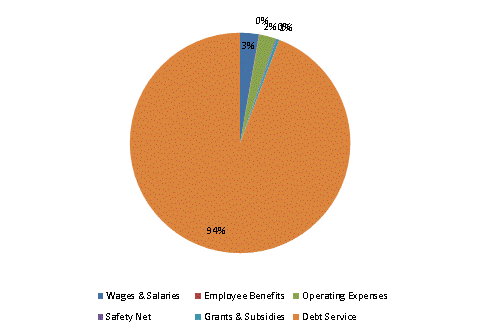 Pie Chart: Wages & Salaries=3%, Employee Benefits=0%, Operating Expenses=2%, Safety Net=0%, Grants & Subsidies=0%, Debt Service=95%