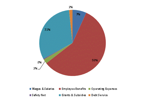 Pie Chart: Wages & Salaries=7%, Employee Benefits=58%, Operating Expenses=2%, Safety Net=0%, Grants & Subsidies=31%, Debt Service=2%