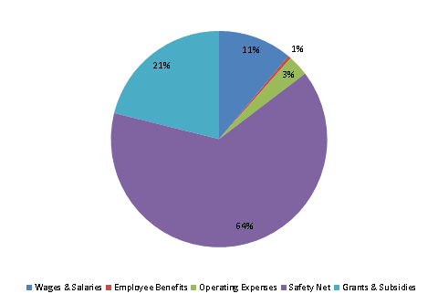 Pie Chart: Wages & Salaries=11%, Employee Benefits=0%, Operating Expenses=3%, Safety Net=65%, Grants & Subsidies=21%