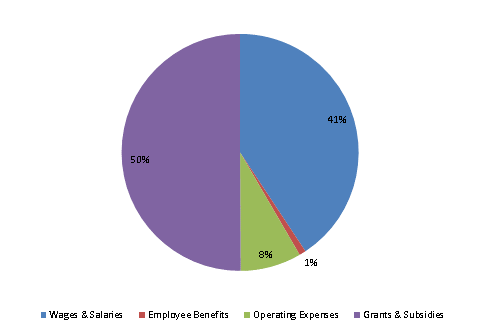 Pie Chart: Wages & Salaries=41%, Employee Benefits=1%, Operating Expenses=8%, Grants & Subsidies=50%