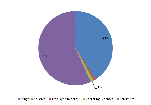 Pie Chart: Wages & Salaries=41%, Employee Benefits=1%, Operating Expenses=1%, Safety Net=57%