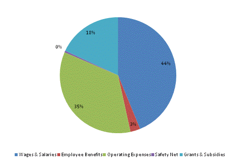 Pie Chart: Wages & Salaries=44%, Employee Benefits=3%, Operating Expenses=35%, Safety Net=0%, Grants & Subsidies=18%