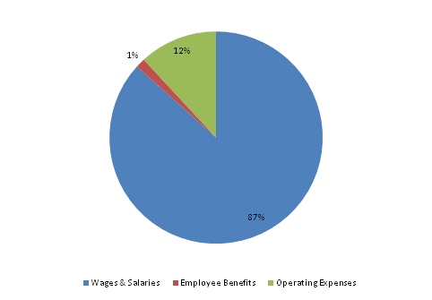 Pie Chart: Wages & Salaries=87%, Employee Benefits=1%, Operating Expenses=12%